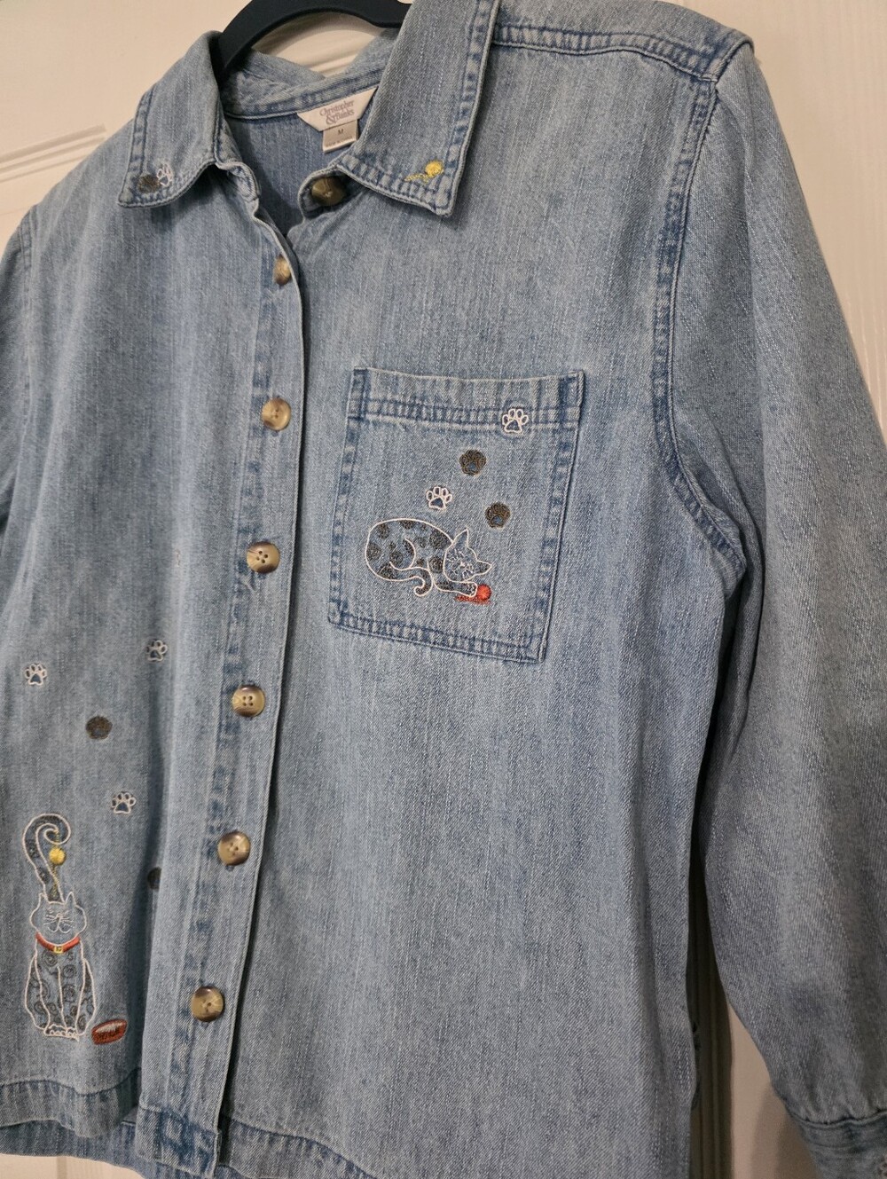 Vintage Christopher & Banks Lightwash denim Cat Embroidery Shirt Shacket M